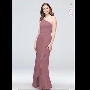 David’s Bridal One-Shoulder Chiffon Dress w/Cascade, color Quartz, size 6, NWT